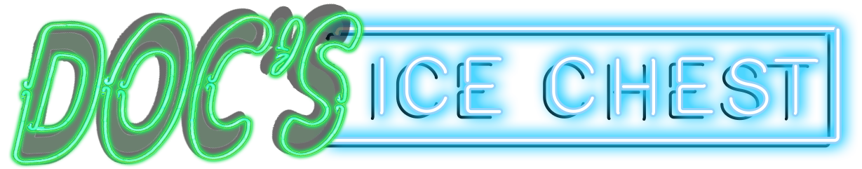 Neon signage letters that spell out the words Doc's Ice Chest.
